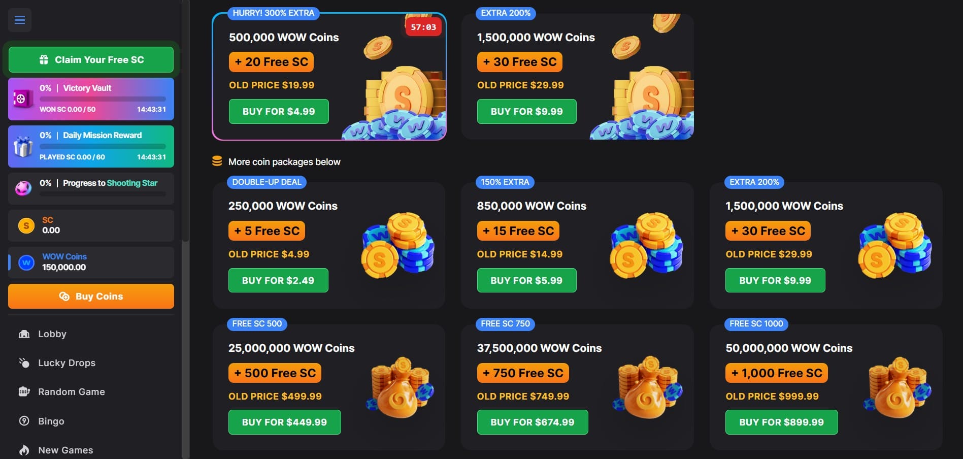 Purchase Coin Packages at sweeps sites